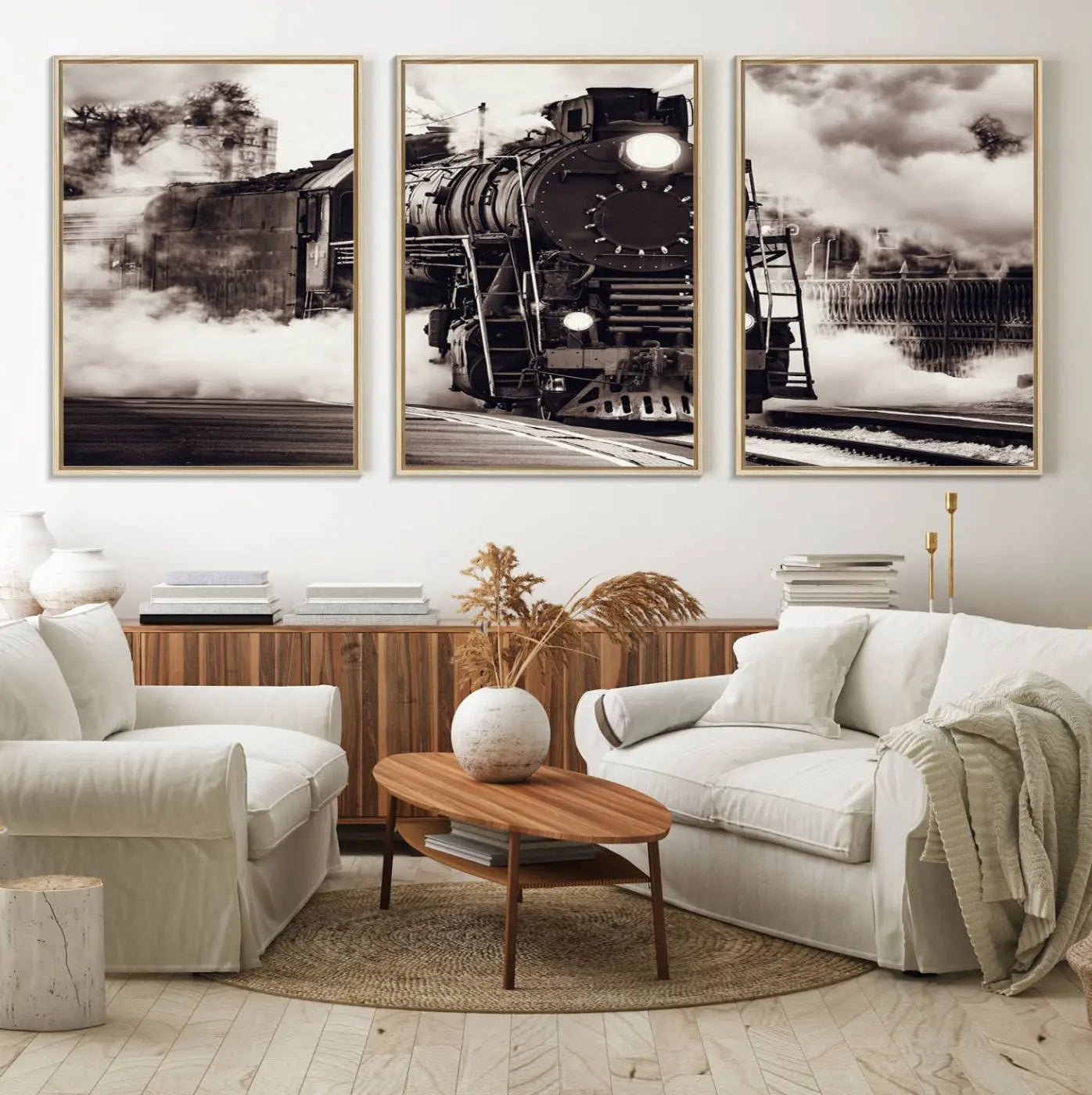 29695-MGV-FC-60X30-3P_Natural-Black and White Steam Locomotive Canvas Wall Art Print