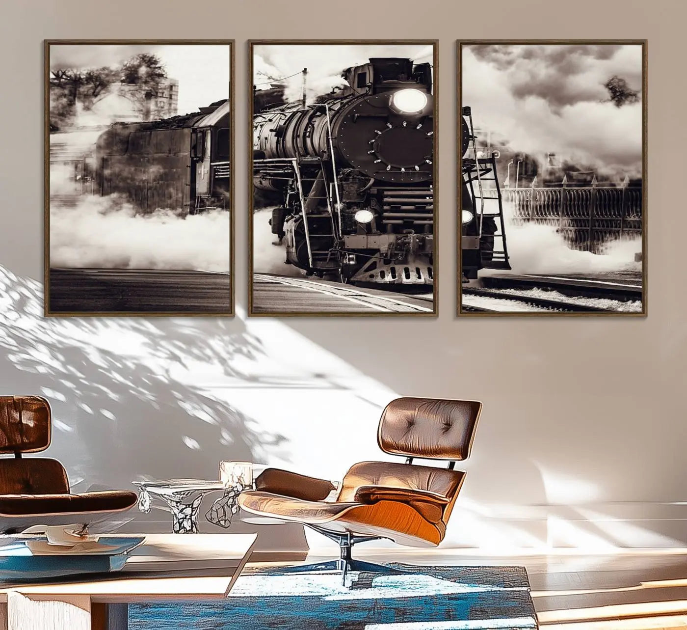 29695-MGV-FC-60X30-3P_Walnut-Black and White Steam Locomotive Canvas Wall Art Print