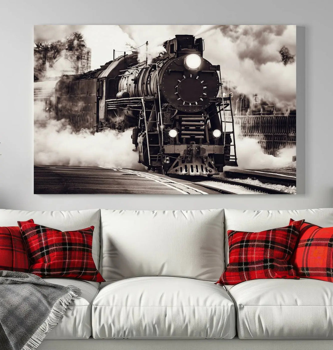 The living room showcases a triptych of the Black and White Steam Locomotive Canvas Wall Art Print.