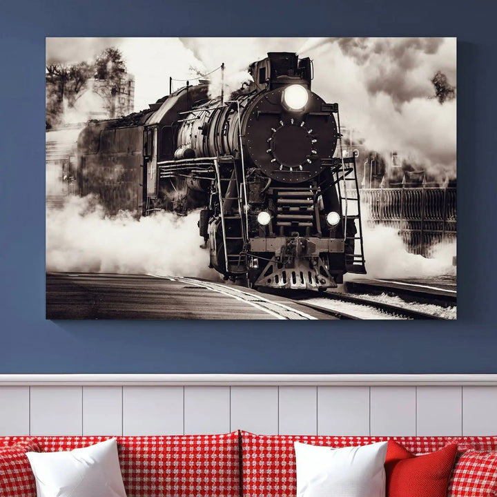 The living room showcases a triptych of the Black and White Steam Locomotive Canvas Wall Art Print.