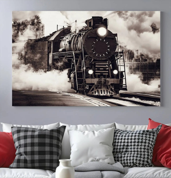 The living room showcases a triptych of the Black and White Steam Locomotive Canvas Wall Art Print.