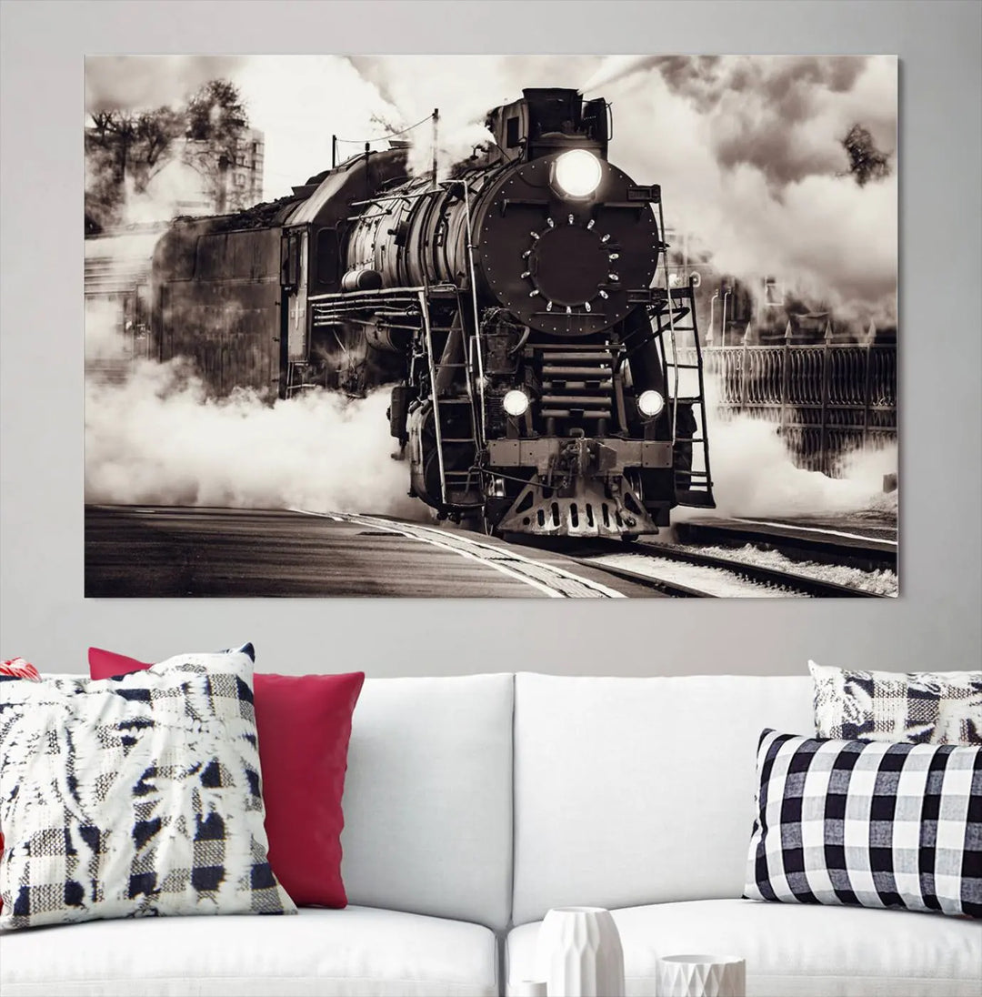 The living room showcases a triptych of the Black and White Steam Locomotive Canvas Wall Art Print.