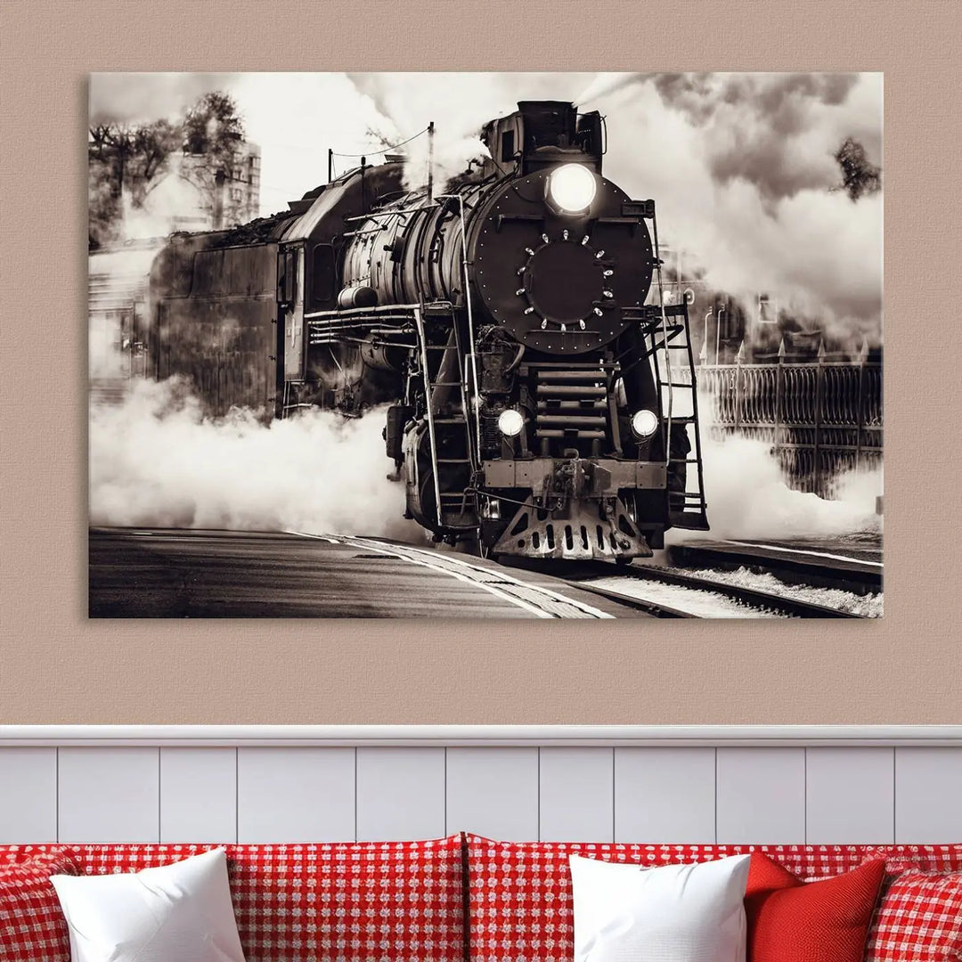 The living room showcases a triptych of the Black and White Steam Locomotive Canvas Wall Art Print.