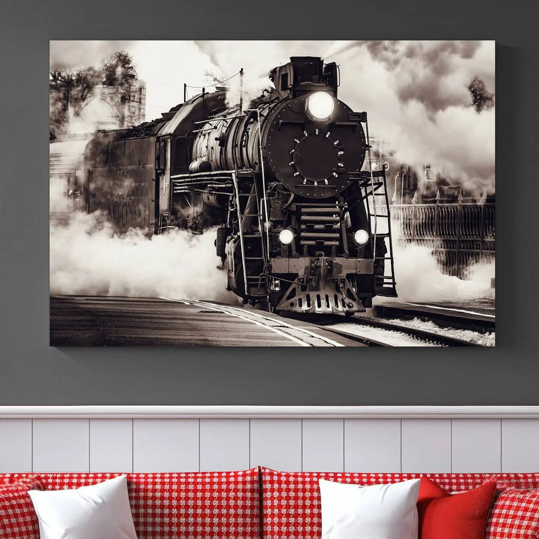 The living room showcases a triptych of the Black and White Steam Locomotive Canvas Wall Art Print.