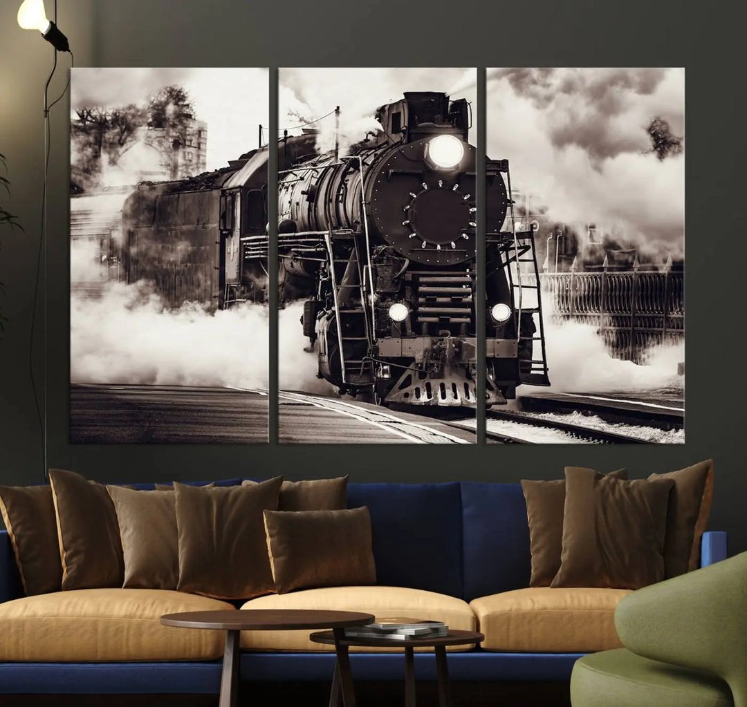 The living room showcases a triptych of the Black and White Steam Locomotive Canvas Wall Art Print.