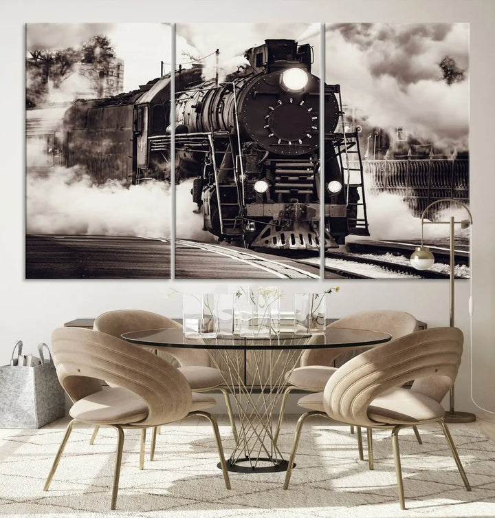 The living room showcases a triptych of the Black and White Steam Locomotive Canvas Wall Art Print.