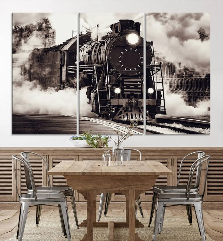 The living room showcases a triptych of the Black and White Steam Locomotive Canvas Wall Art Print.