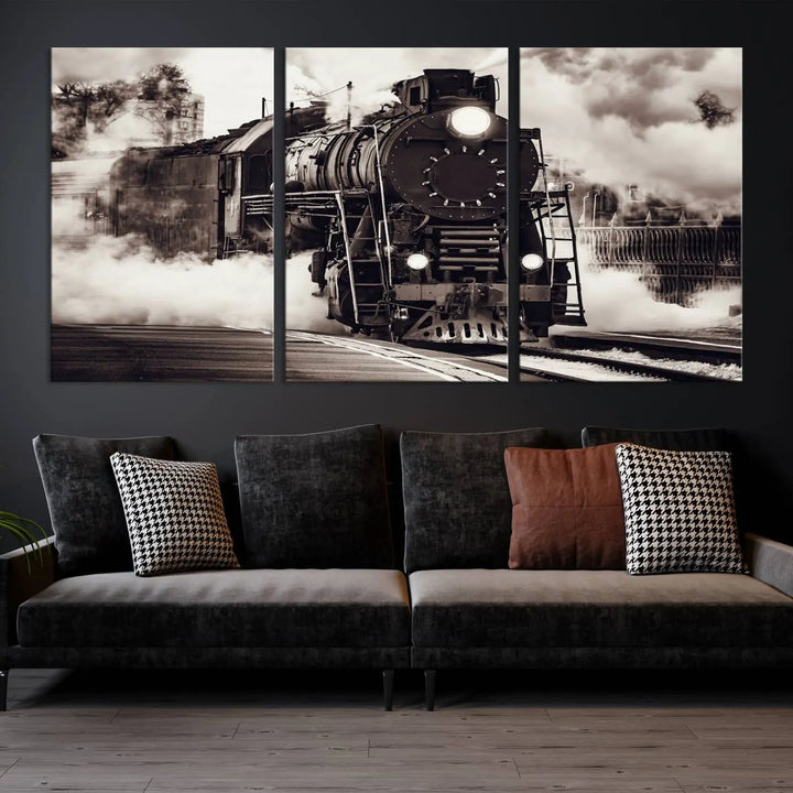 The living room showcases a triptych of the Black and White Steam Locomotive Canvas Wall Art Print.