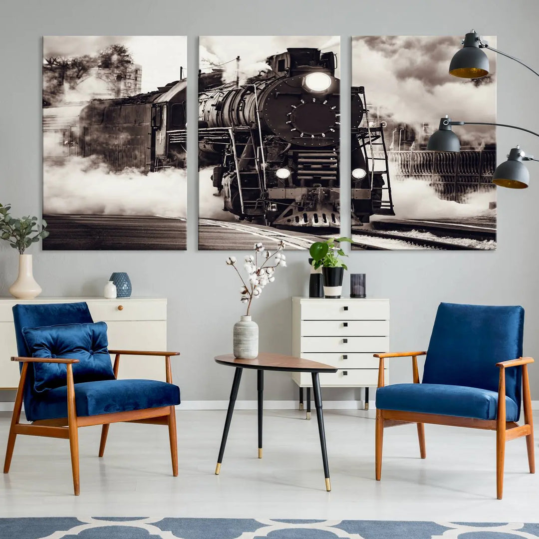 The living room showcases a triptych of the Black and White Steam Locomotive Canvas Wall Art Print.