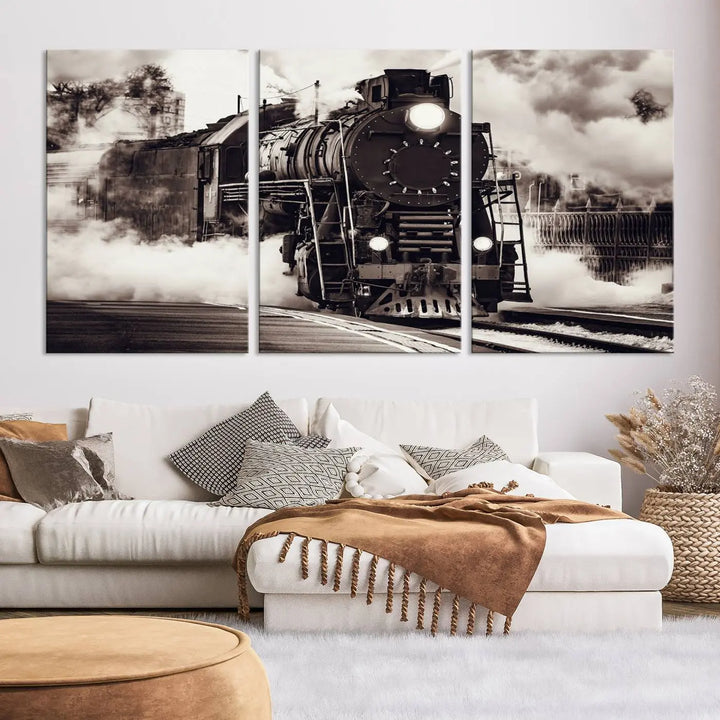 The living room showcases a triptych of the Black and White Steam Locomotive Canvas Wall Art Print.