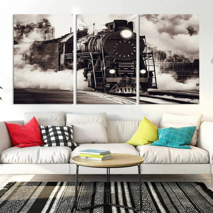 The living room showcases a triptych of the Black and White Steam Locomotive Canvas Wall Art Print.