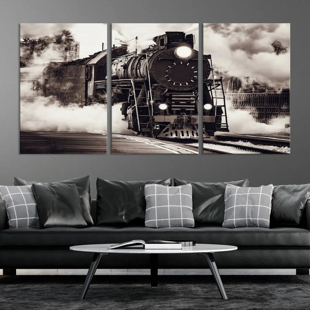 The living room showcases a triptych of the Black and White Steam Locomotive Canvas Wall Art Print.