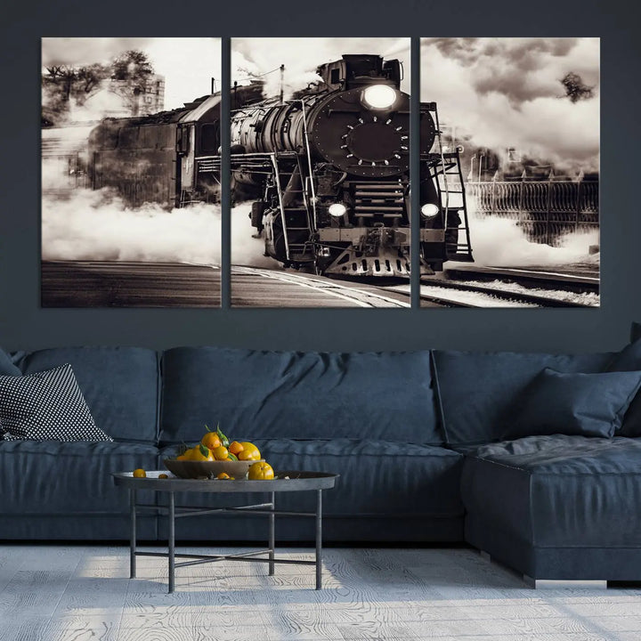 The living room showcases a triptych of the Black and White Steam Locomotive Canvas Wall Art Print.