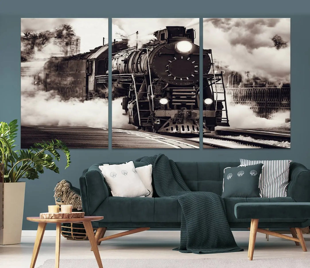 The living room showcases a triptych of the Black and White Steam Locomotive Canvas Wall Art Print.