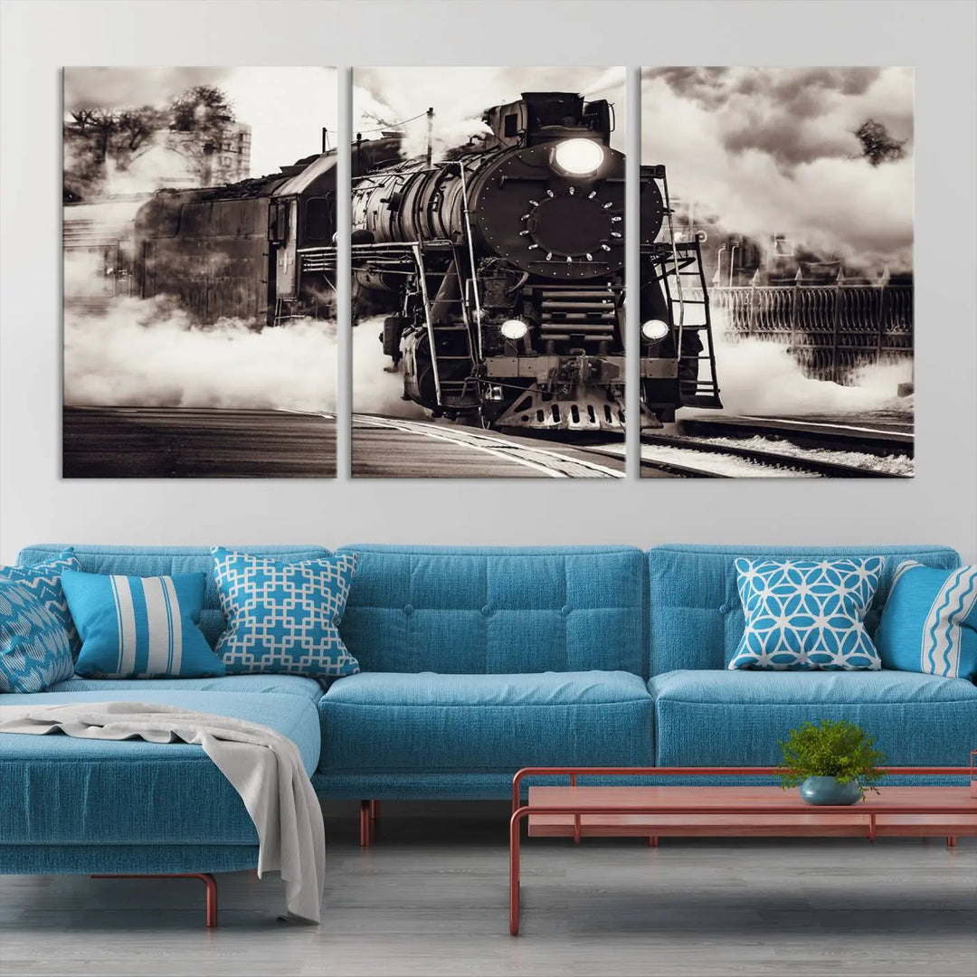 The living room showcases a triptych of the Black and White Steam Locomotive Canvas Wall Art Print.