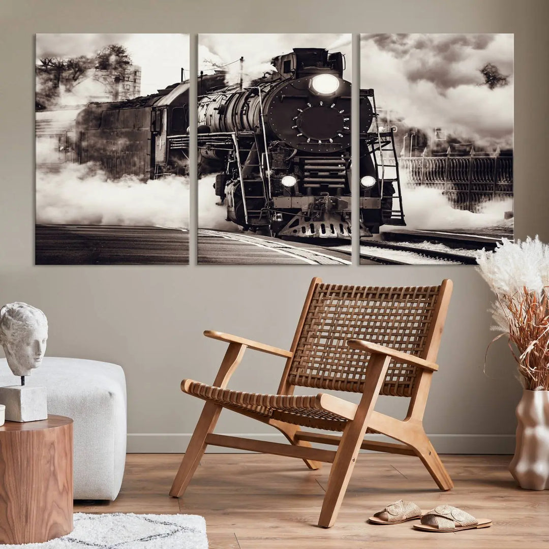 The living room showcases a triptych of the Black and White Steam Locomotive Canvas Wall Art Print.