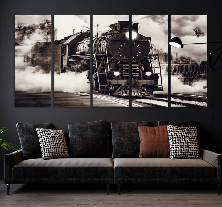 The living room showcases a triptych of the Black and White Steam Locomotive Canvas Wall Art Print.