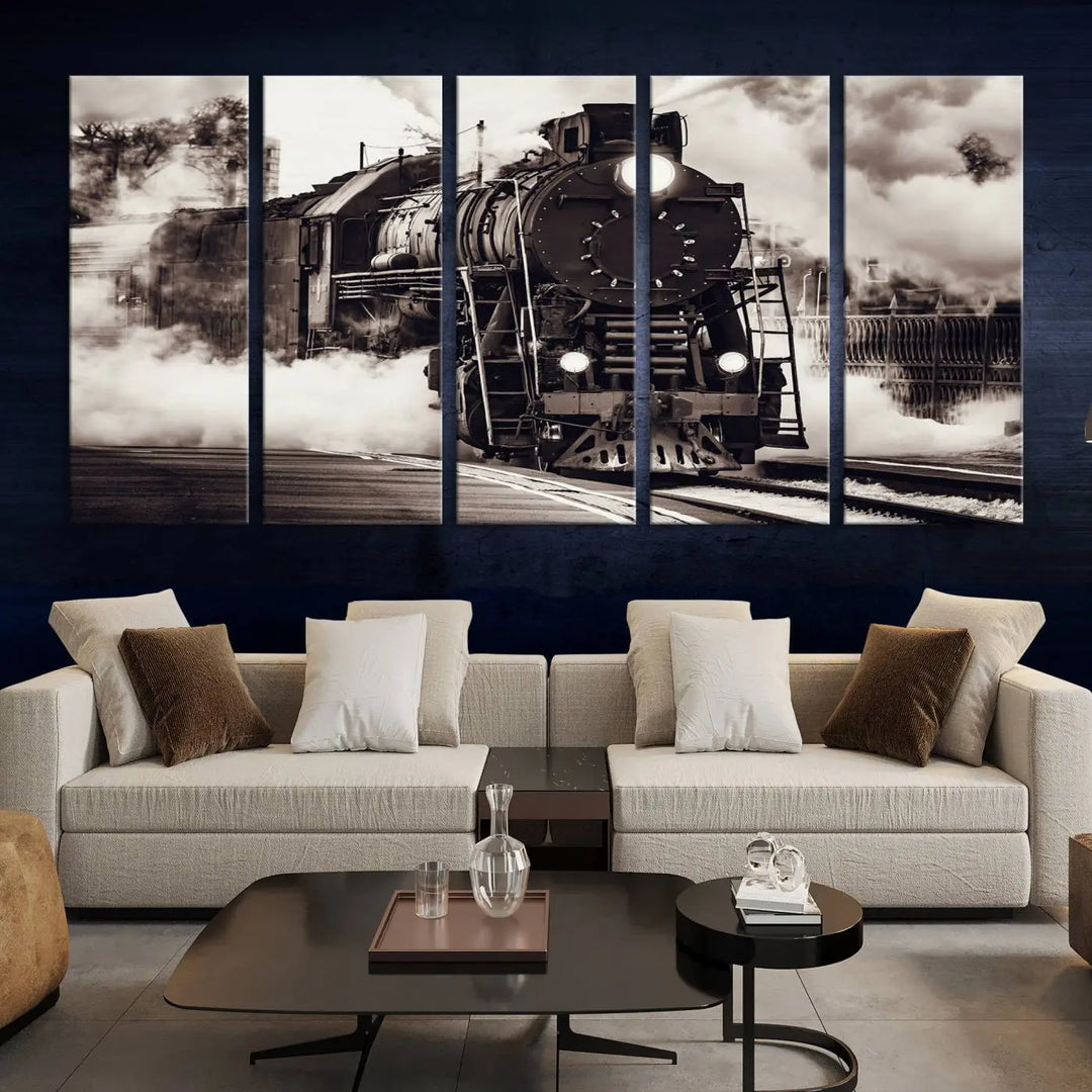 The living room showcases a triptych of the Black and White Steam Locomotive Canvas Wall Art Print.