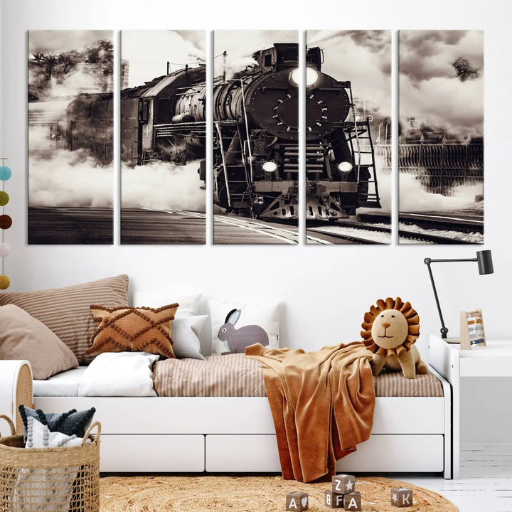 The living room showcases a triptych of the Black and White Steam Locomotive Canvas Wall Art Print.