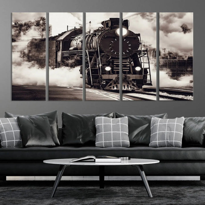 The living room showcases a triptych of the Black and White Steam Locomotive Canvas Wall Art Print.