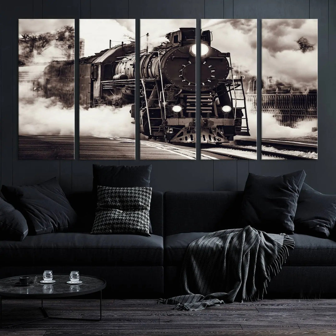 The living room showcases a triptych of the Black and White Steam Locomotive Canvas Wall Art Print.