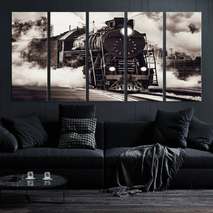 The living room showcases a triptych of the Black and White Steam Locomotive Canvas Wall Art Print.