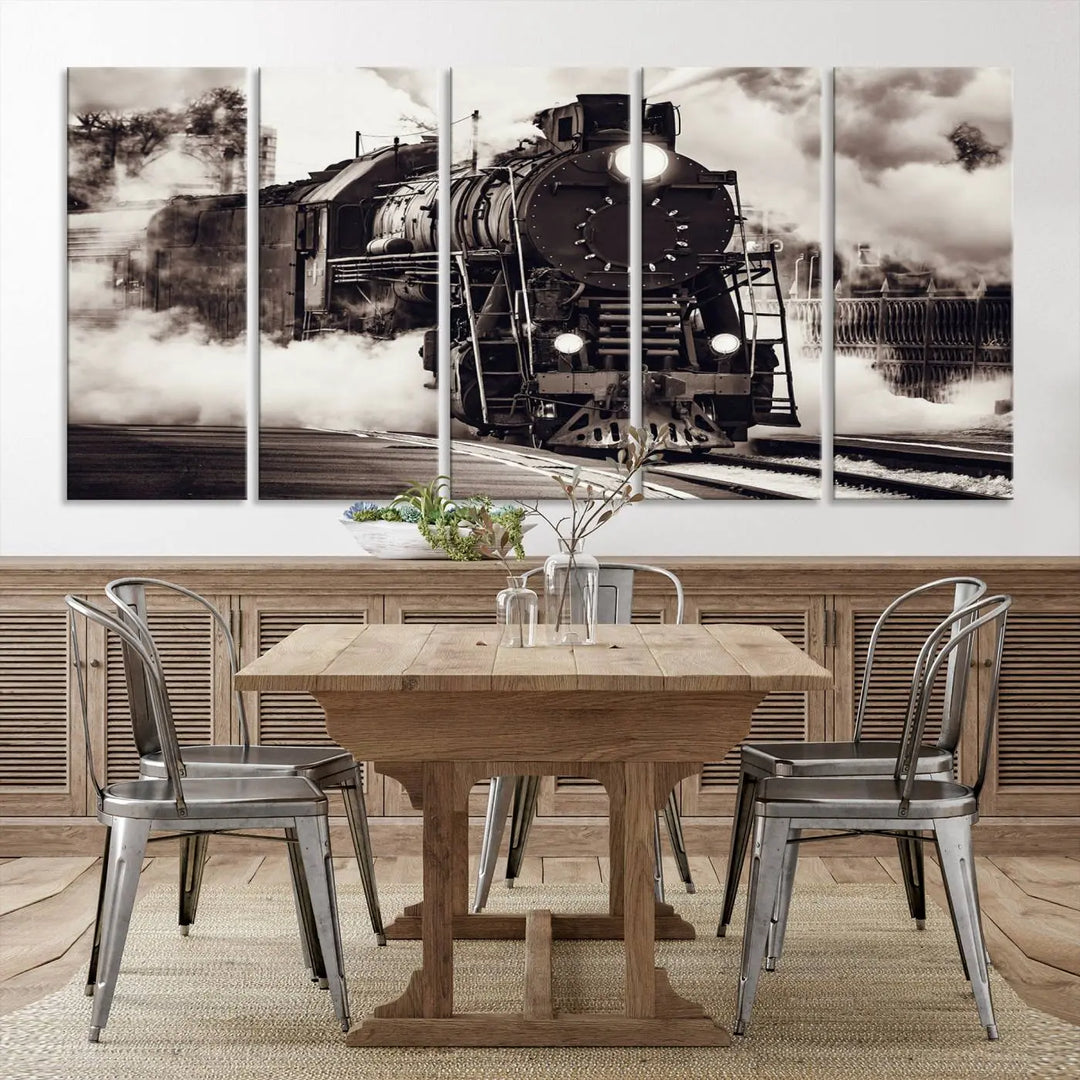 The living room showcases a triptych of the Black and White Steam Locomotive Canvas Wall Art Print.