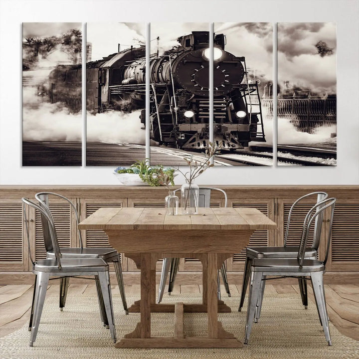 The living room showcases a triptych of the Black and White Steam Locomotive Canvas Wall Art Print.