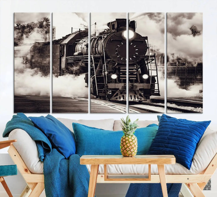 The living room showcases a triptych of the Black and White Steam Locomotive Canvas Wall Art Print.