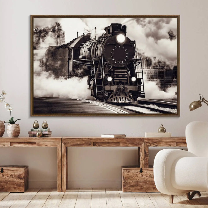 Black and White Steam Locomotive Canvas Wall Art Print
