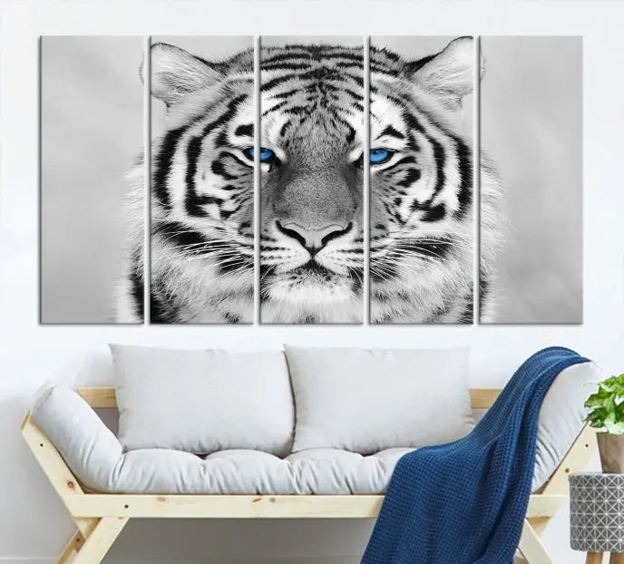 A piece from the Black and White Tiger Wall Art Animal Canvas Print collection, showcasing a white tiger with blue eyes on premium canvas, is displayed.