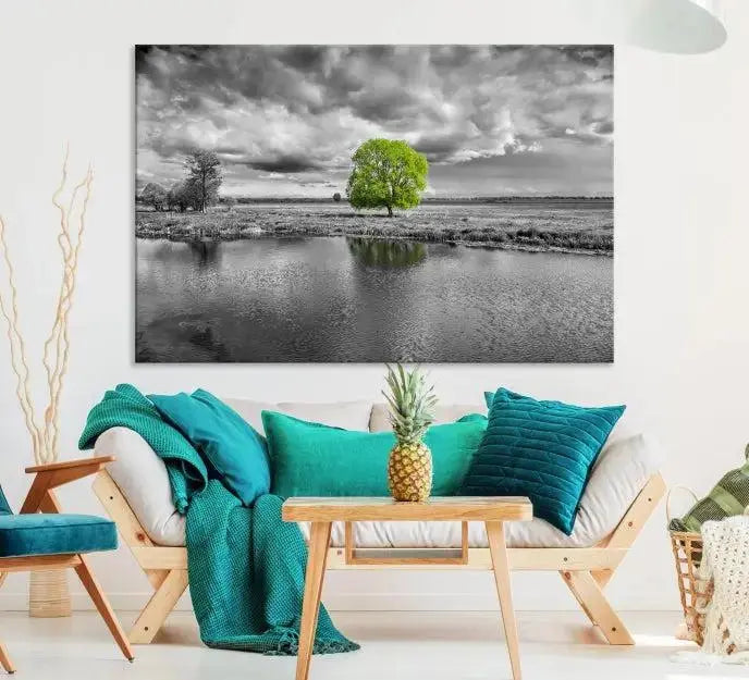 The Black and White Tree Landscape Painting Wall Art Tree Canvas Print is a stunning triptych that features a monochrome landscape punctuated with a single vivid green tree. The pieces are printed on museum-quality canvases, offering both durability and style, and are complemented by a UV-protective coating for added longevity.