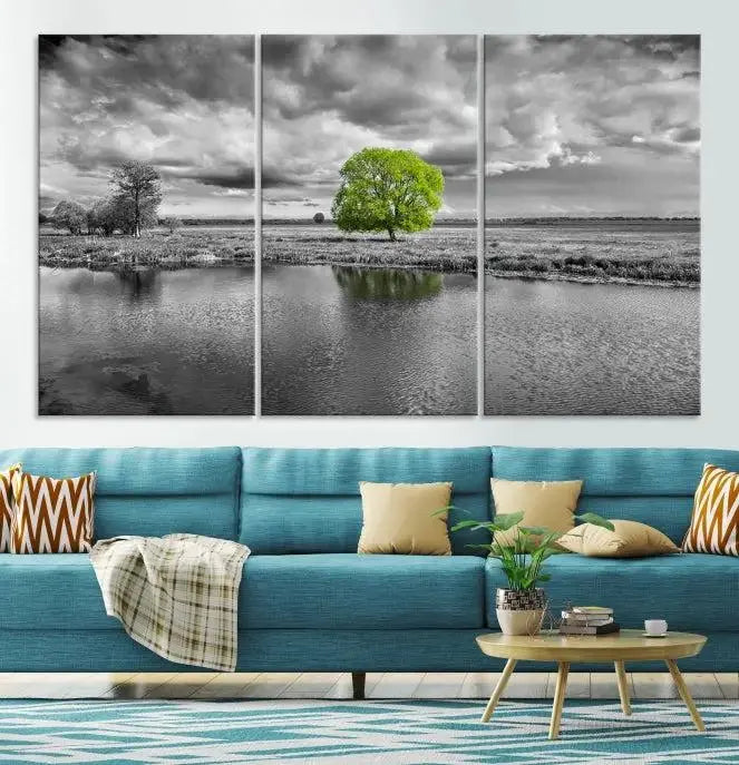 The Black and White Tree Landscape Painting Wall Art Tree Canvas Print is a stunning triptych that features a monochrome landscape punctuated with a single vivid green tree. The pieces are printed on museum-quality canvases, offering both durability and style, and are complemented by a UV-protective coating for added longevity.