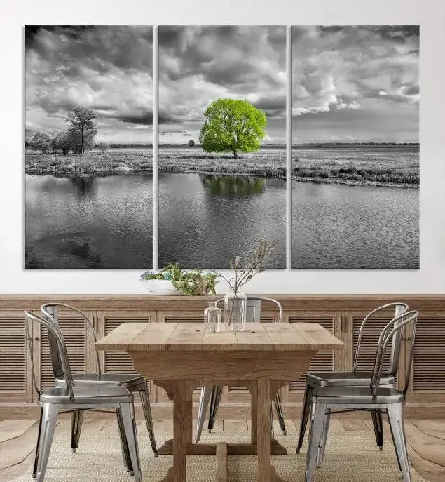 The Black and White Tree Landscape Painting Wall Art Tree Canvas Print is a stunning triptych that features a monochrome landscape punctuated with a single vivid green tree. The pieces are printed on museum-quality canvases, offering both durability and style, and are complemented by a UV-protective coating for added longevity.