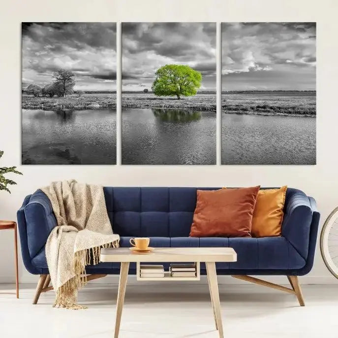 The Black and White Tree Landscape Painting Wall Art Tree Canvas Print is a stunning triptych that features a monochrome landscape punctuated with a single vivid green tree. The pieces are printed on museum-quality canvases, offering both durability and style, and are complemented by a UV-protective coating for added longevity.