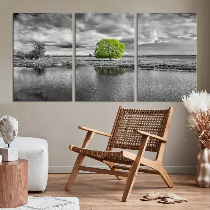 The Black and White Tree Landscape Painting Wall Art Tree Canvas Print is a stunning triptych that features a monochrome landscape punctuated with a single vivid green tree. The pieces are printed on museum-quality canvases, offering both durability and style, and are complemented by a UV-protective coating for added longevity.