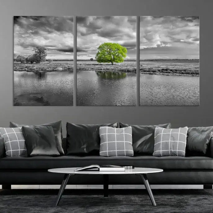 The Black and White Tree Landscape Painting Wall Art Tree Canvas Print is a stunning triptych that features a monochrome landscape punctuated with a single vivid green tree. The pieces are printed on museum-quality canvases, offering both durability and style, and are complemented by a UV-protective coating for added longevity.