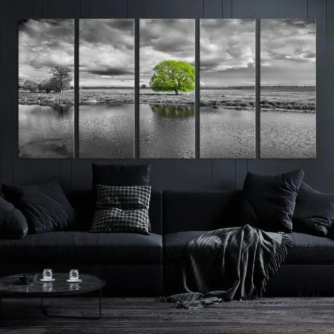 The Black and White Tree Landscape Painting Wall Art Tree Canvas Print is a stunning triptych that features a monochrome landscape punctuated with a single vivid green tree. The pieces are printed on museum-quality canvases, offering both durability and style, and are complemented by a UV-protective coating for added longevity.