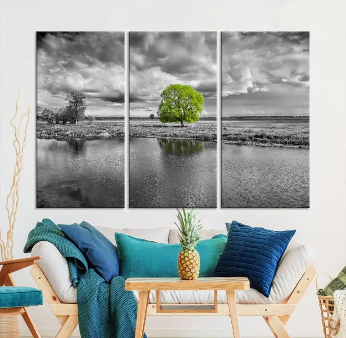 The Black and White Tree Landscape Painting Wall Art Tree Canvas Print is a stunning triptych that features a monochrome landscape punctuated with a single vivid green tree. The pieces are printed on museum-quality canvases, offering both durability and style, and are complemented by a UV-protective coating for added longevity.