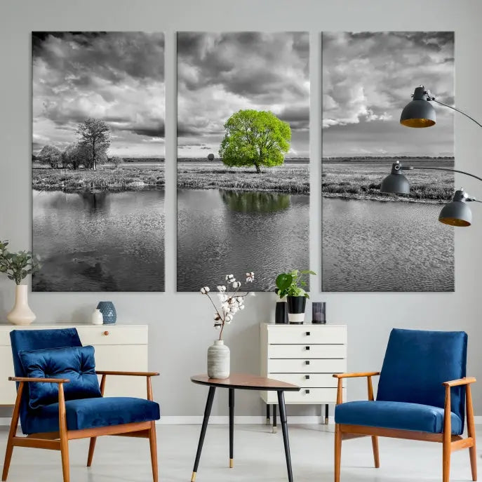 The Black and White Tree Landscape Painting Wall Art Tree Canvas Print is a stunning triptych that features a monochrome landscape punctuated with a single vivid green tree. The pieces are printed on museum-quality canvases, offering both durability and style, and are complemented by a UV-protective coating for added longevity.