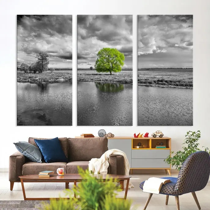 The Black and White Tree Landscape Painting Wall Art Tree Canvas Print is a stunning triptych that features a monochrome landscape punctuated with a single vivid green tree. The pieces are printed on museum-quality canvases, offering both durability and style, and are complemented by a UV-protective coating for added longevity.