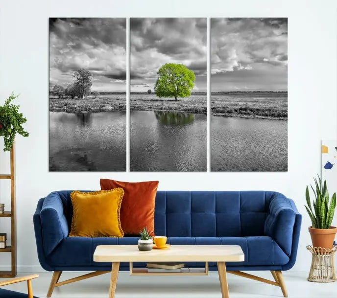 The Black and White Tree Landscape Painting Wall Art Tree Canvas Print is a stunning triptych that features a monochrome landscape punctuated with a single vivid green tree. The pieces are printed on museum-quality canvases, offering both durability and style, and are complemented by a UV-protective coating for added longevity.