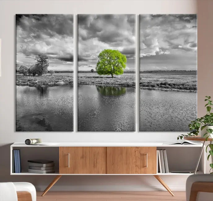 The Black and White Tree Landscape Painting Wall Art Tree Canvas Print is a stunning triptych that features a monochrome landscape punctuated with a single vivid green tree. The pieces are printed on museum-quality canvases, offering both durability and style, and are complemented by a UV-protective coating for added longevity.