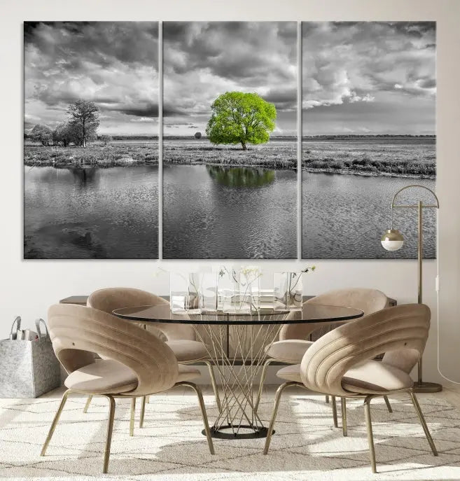 The Black and White Tree Landscape Painting Wall Art Tree Canvas Print is a stunning triptych that features a monochrome landscape punctuated with a single vivid green tree. The pieces are printed on museum-quality canvases, offering both durability and style, and are complemented by a UV-protective coating for added longevity.