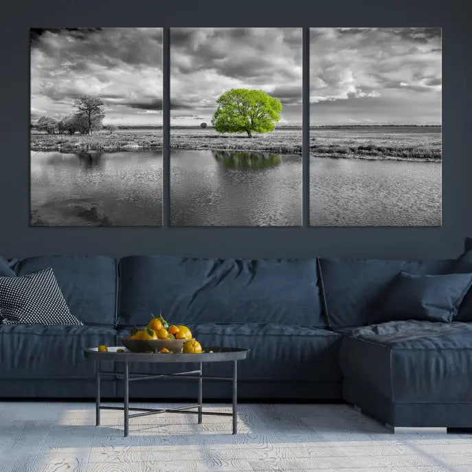 The Black and White Tree Landscape Painting Wall Art Tree Canvas Print is a stunning triptych that features a monochrome landscape punctuated with a single vivid green tree. The pieces are printed on museum-quality canvases, offering both durability and style, and are complemented by a UV-protective coating for added longevity.