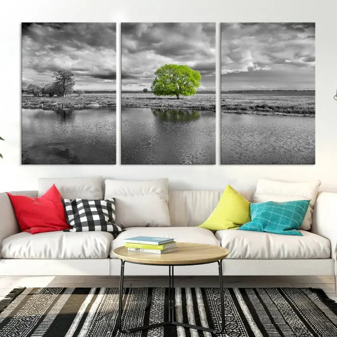 The Black and White Tree Landscape Painting Wall Art Tree Canvas Print is a stunning triptych that features a monochrome landscape punctuated with a single vivid green tree. The pieces are printed on museum-quality canvases, offering both durability and style, and are complemented by a UV-protective coating for added longevity.