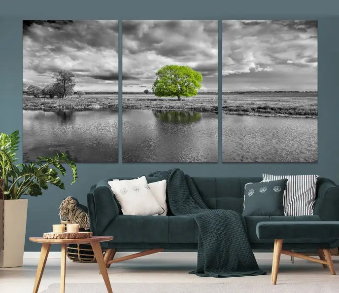 The Black and White Tree Landscape Painting Wall Art Tree Canvas Print is a stunning triptych that features a monochrome landscape punctuated with a single vivid green tree. The pieces are printed on museum-quality canvases, offering both durability and style, and are complemented by a UV-protective coating for added longevity.