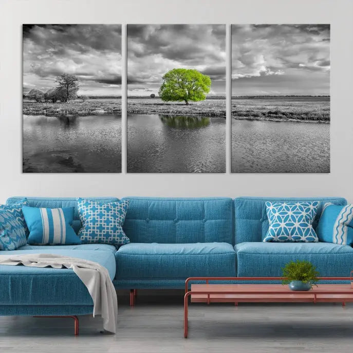 The Black and White Tree Landscape Painting Wall Art Tree Canvas Print is a stunning triptych that features a monochrome landscape punctuated with a single vivid green tree. The pieces are printed on museum-quality canvases, offering both durability and style, and are complemented by a UV-protective coating for added longevity.