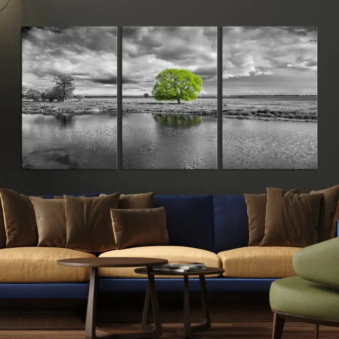 The Black and White Tree Landscape Painting Wall Art Tree Canvas Print is a stunning triptych that features a monochrome landscape punctuated with a single vivid green tree. The pieces are printed on museum-quality canvases, offering both durability and style, and are complemented by a UV-protective coating for added longevity.