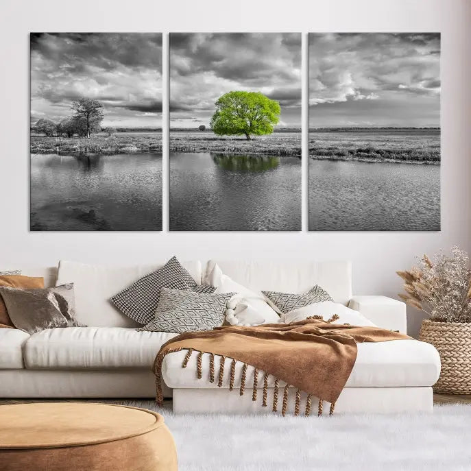 The Black and White Tree Landscape Painting Wall Art Tree Canvas Print is a stunning triptych that features a monochrome landscape punctuated with a single vivid green tree. The pieces are printed on museum-quality canvases, offering both durability and style, and are complemented by a UV-protective coating for added longevity.